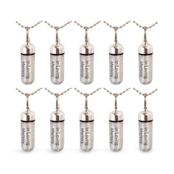 Family Set of TEN Brushed Silver CREMATION URN Necklaces - Laser Engraved with  In Loving Memory  Includes 10 Velvet Pouches, 10 Ball-Chains and Fill Kit