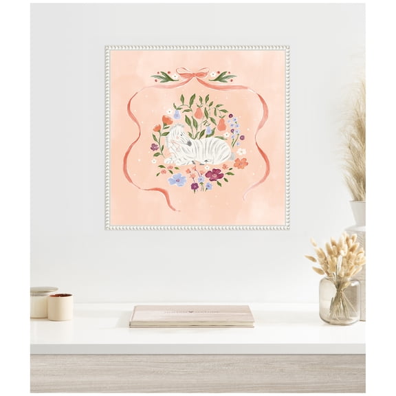 Kate and Laurel Framed Canvas Wall Art Print JL Zebra Floral and Bow by Jill Labieniec, 22 x 22 Sylvie Beaded White Frame, Whimsical, Animal Art for Wall Decor