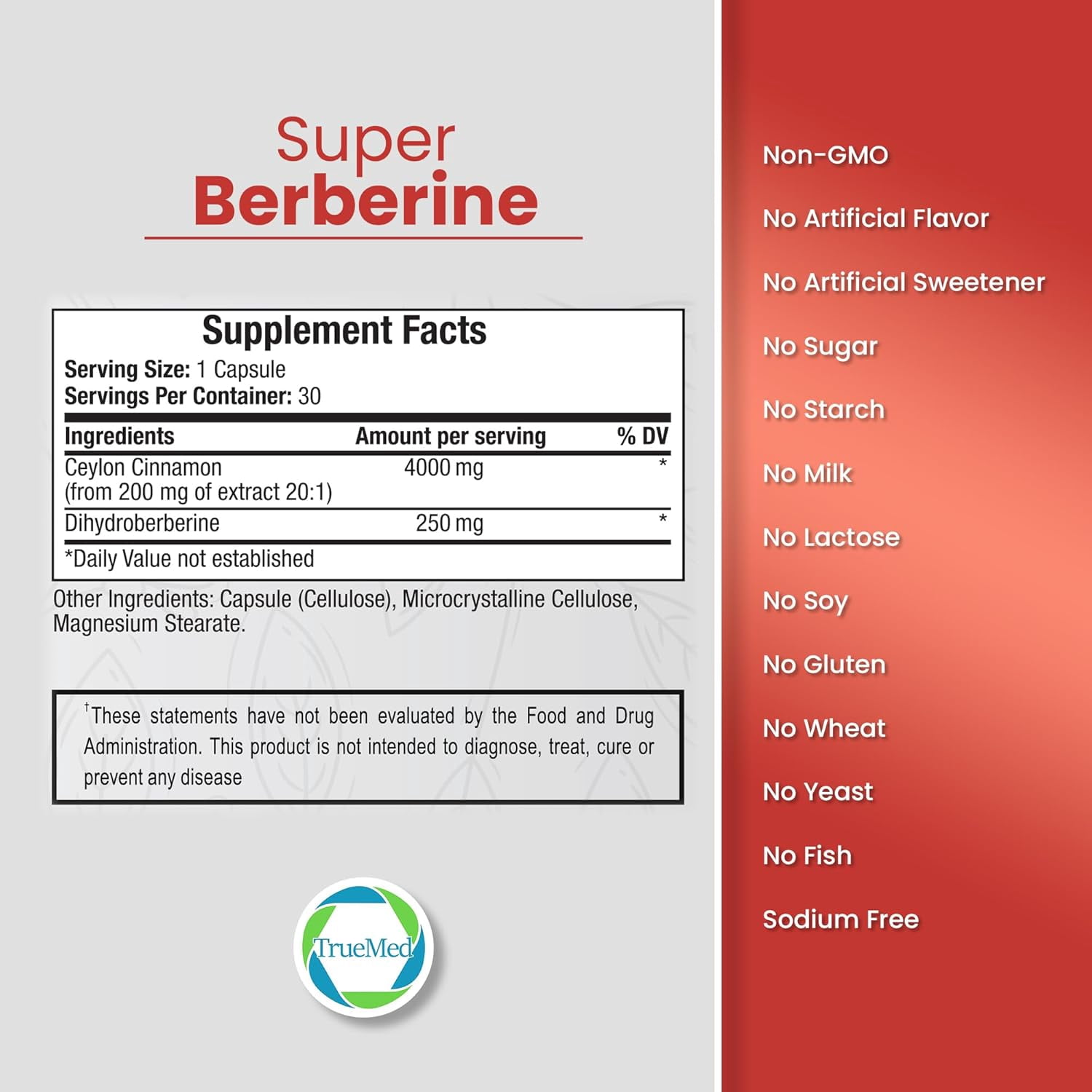 TrueMed Super Berberine 4250 mg with Ceylon Cinnamon & Dihydroberberine | Metabolic Support & Cardiovascular  Health Support Supplement, 30 Vegetable Capsules