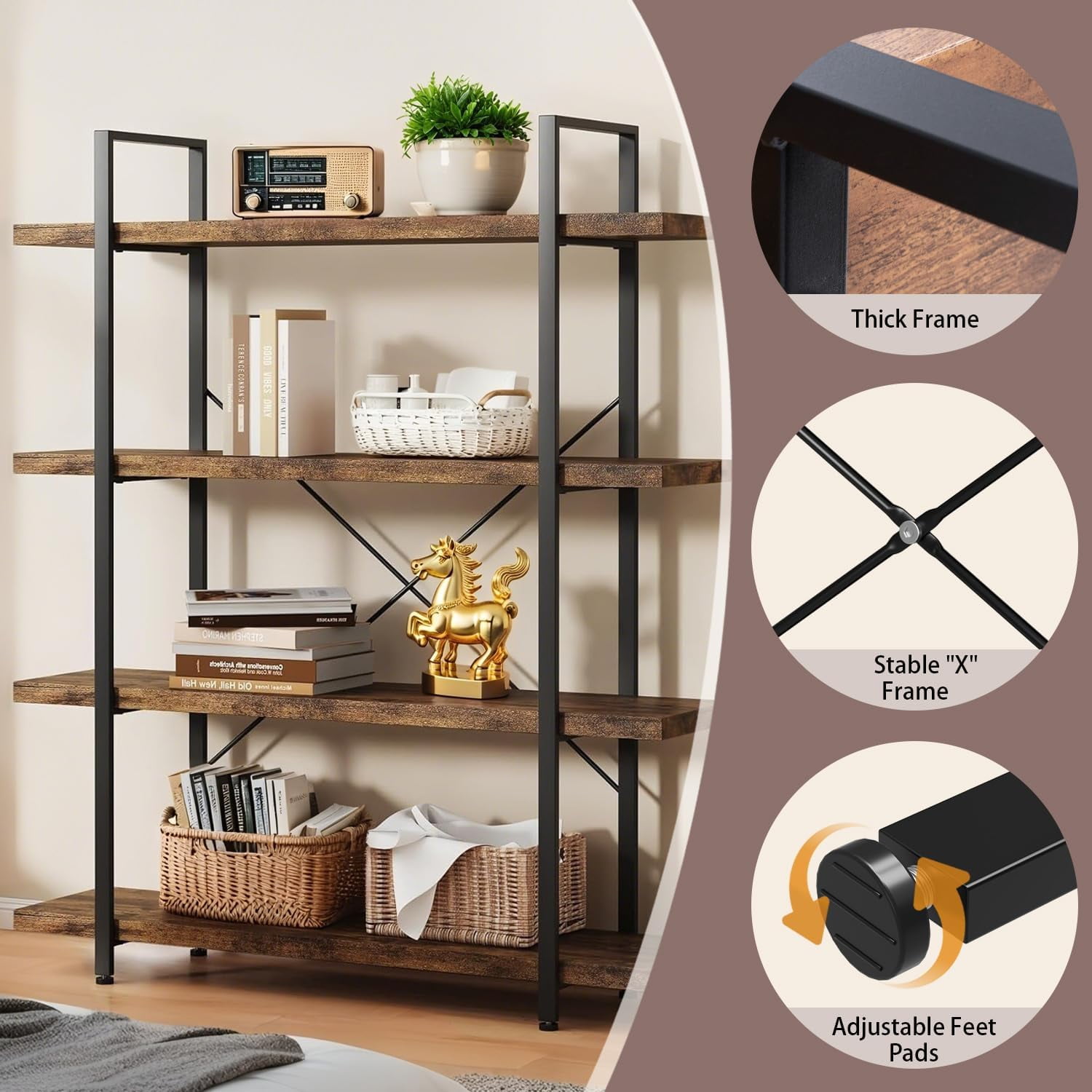 PulseFay Heavy Duty 4-Tier Industrial Bookcase, 47