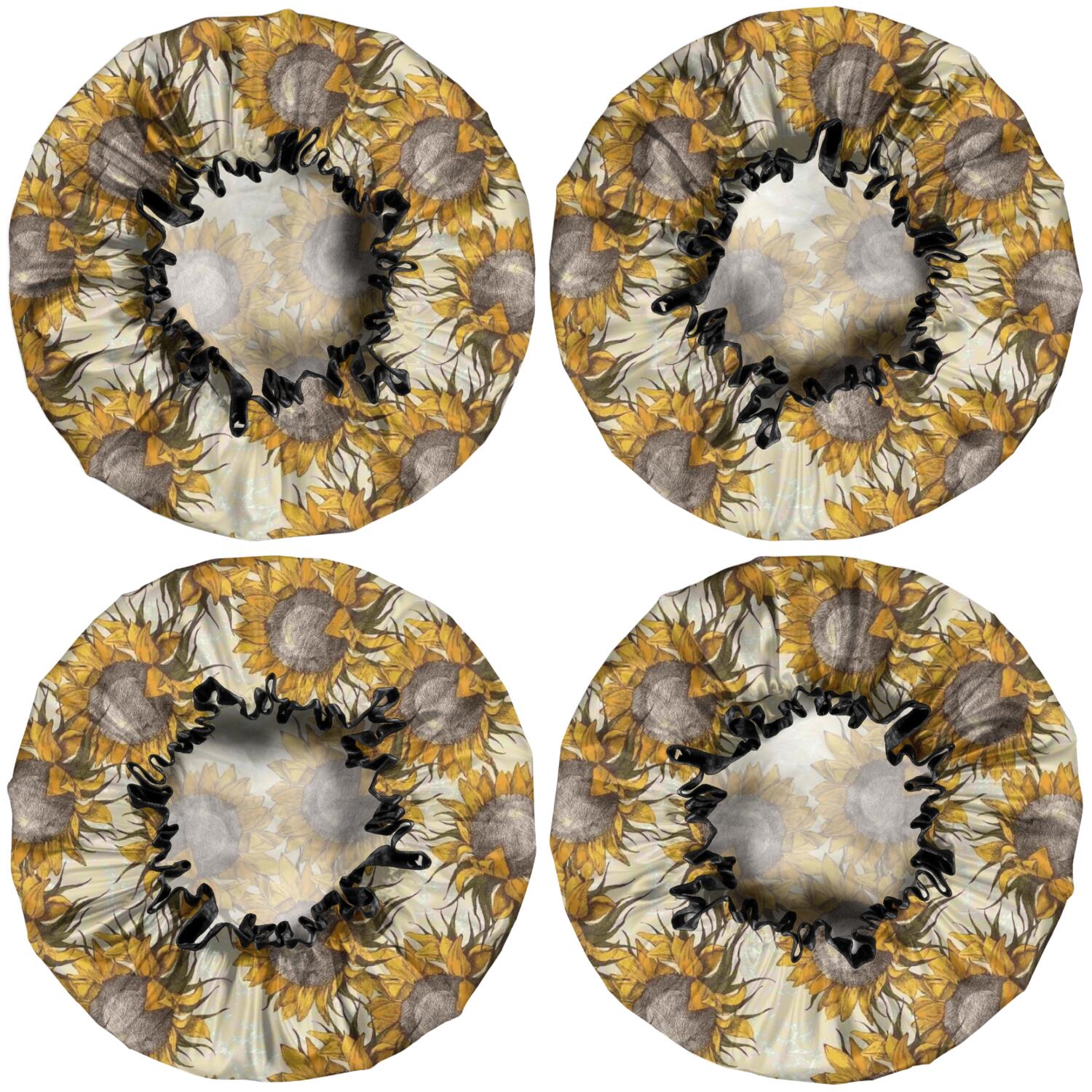Shower Caps,Beige Sunflower Pattern Waterproof Shower Cap for Women 4 Pieces,Double Reusable Hair Cover for Shower PEVA Elastic Stretch Hem