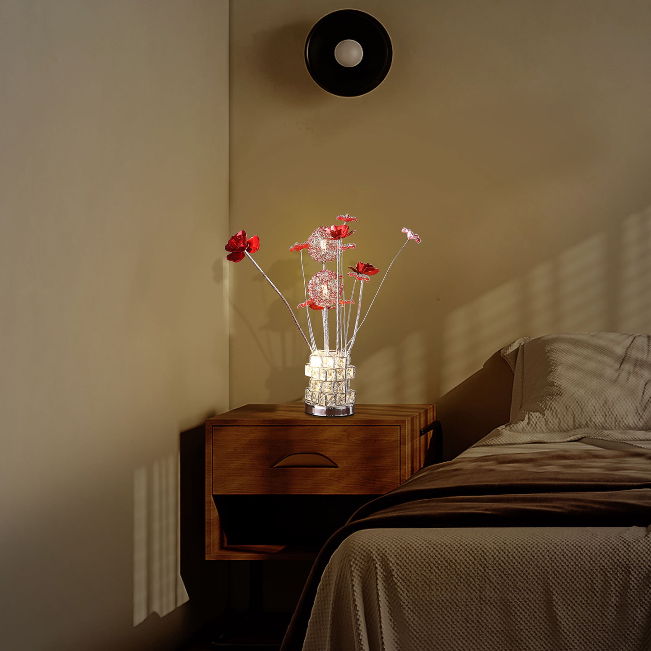 Noble House 20.75" Floral LED Table Lamp, Aluminum & Acrylic Red Roses, G4 Light Bulbs, Chrome Vase, Multicolor