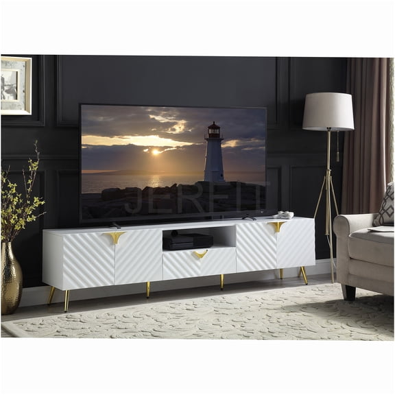 JERFIT 80 inch TV Stand with Storage Drawer, High Gloss White Modern Entertainment Center Console Table with 4 Doors & Cable Management