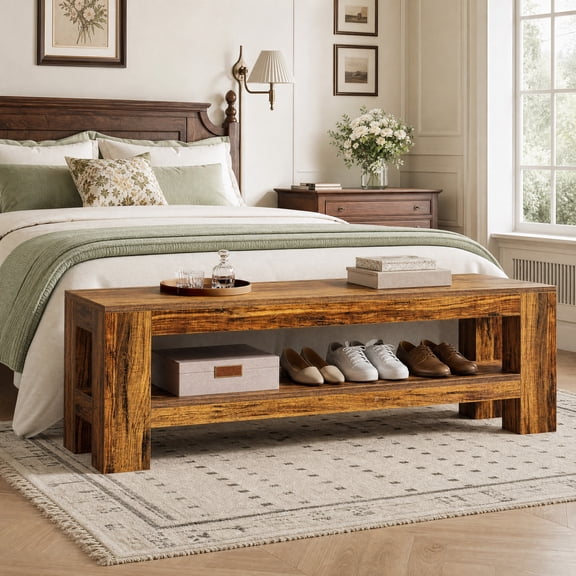 Fnova 59" Farmhouse Wooden Entryway Bench, Console Shoe Bench for Bedroom, Hallway, Brown