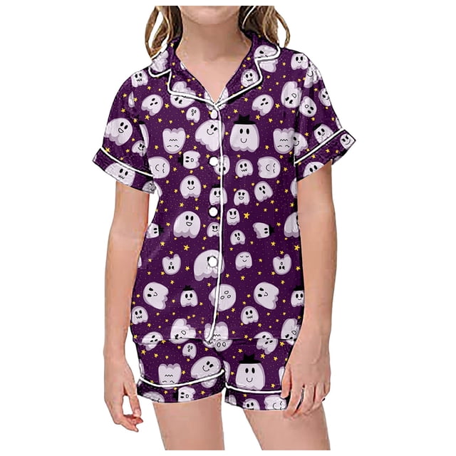 WEAIXIMIUNG Ensemble 2 Pcs Pyjamas pour Enfants Enfants Imprimé Graphique Chemise à Boutons à Manches Courtes Shorts Ensemble de Pyjama 10-11 Ans