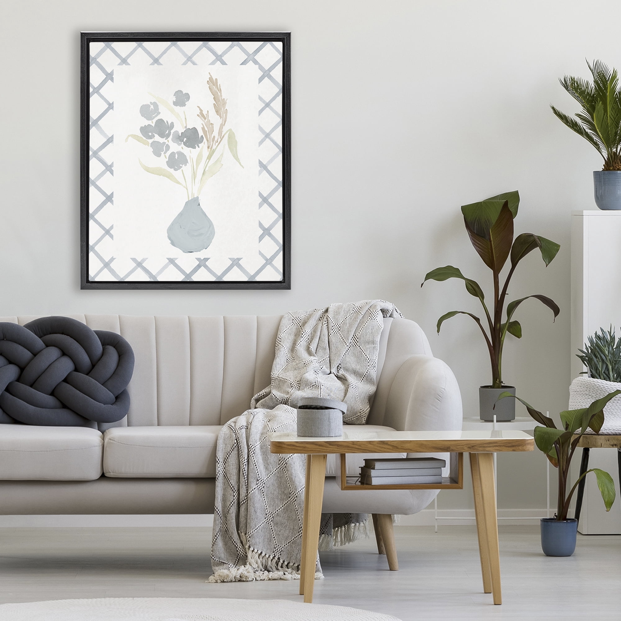 Stupell Industries Muted Blue Anna Bouquet Black Framed Floater Canvas Wall Art, design by Lucille Price