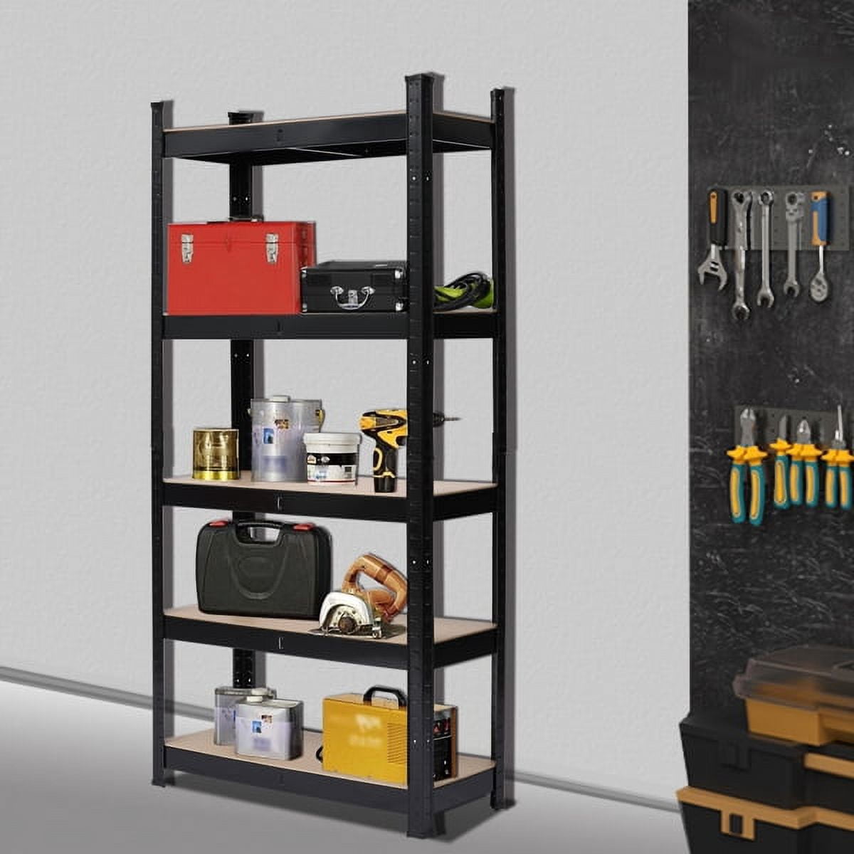 Alvantor 5 Tier Heavy Duty Metal Shelving Rack, Adjustable Garage Storage Shelf, Steel and MDF, 28 x 12 x 60 in, Black