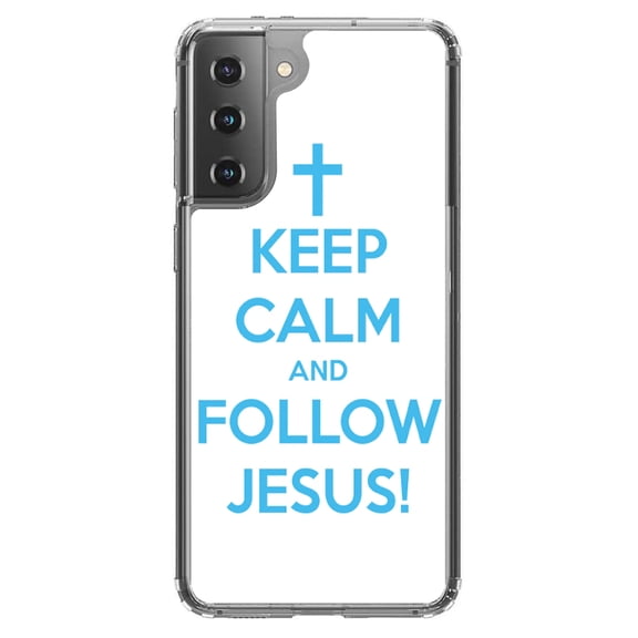 DistinctInk Clear Shockproof Hybrid Case for Galaxy S21 5G (6.2" Screen) - TPU Bumper, Acrylic Back, Tempered Glass Screen Protector - Keep Calm and Follow Jesus - Love of Christ