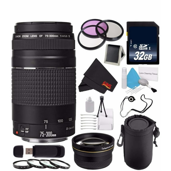 Canon EF 75-300mm f/4-5.6 III Telephoto Zoom Lens Bundle 32GB Kit Accessories (International Model)