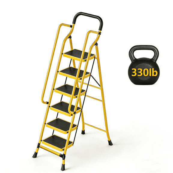 MAXVINI 6-Step Ladder, Foldable with Handrails and Wide Non-Slip Steps, 330-Pound Portable No-Assembly Ladder, Ideal for Libraries, Homes, Garages, and Offices