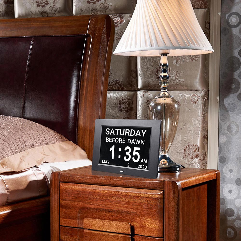 Yescom 8inch Large Digital LCD Day Clock 8 Alarm Dimmable Calendar for Elderly Dementia Wall Black