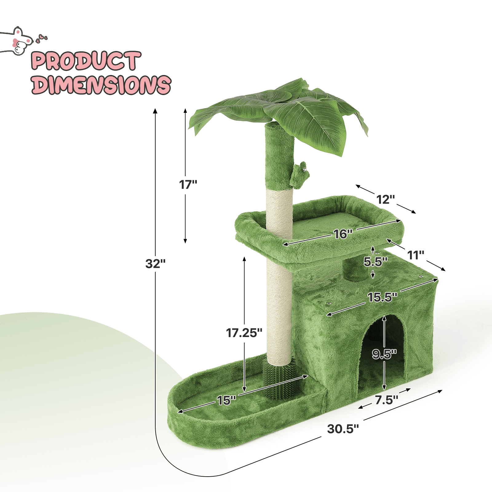 MoNiBloom Cat Tree with Green Leaves, 32 Inches Cat Tower with Scratching Posts, Cat House w/Cozy Condo, Perch and Fluffy Ball for Indoor Cats