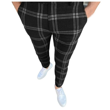 

Men Plaid Print Pants Casual Elastic Waist Sweatpants Plus Size Zipper Formal Office Dress Pants Casual Flat-Front Skinny Business Pencil Lounge Long Pants with Pocket
