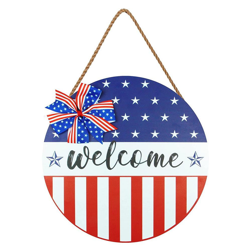 Wooden Patriotic Welcome Sign with American Flag Hearts 4th of July Decoration 
