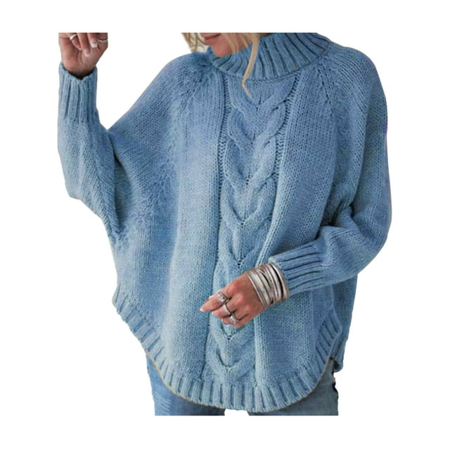 Daeful Chandail à Manches Longues Chandail d'Hiver Chaud pour Femmes Tricoté Ample Bleu TP