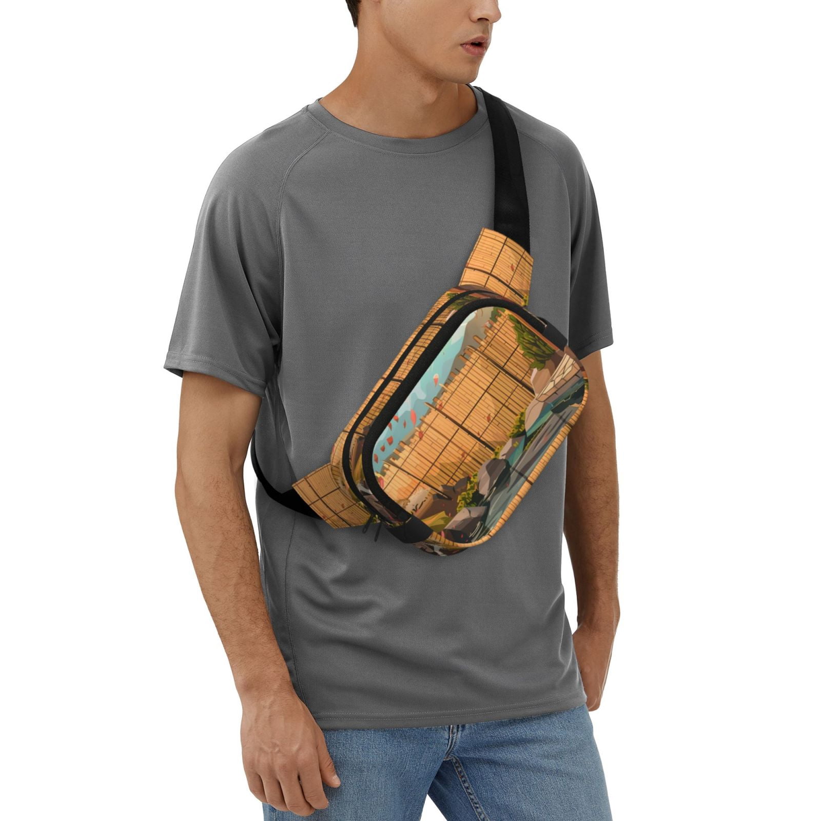 Picia Tranquil Garden Landscape Print Square Double-Layer Waist Bag Mini Adjustable Waist Belt Bag Exercise Running Travel Hiking