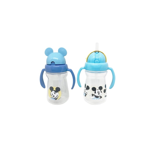 Disney Cudlie Mickey Mouse Baby Girl 2 Pack of 6 Oz Sippers Handles Pop Up Straw Character Molded Lid in Yellow & Blue