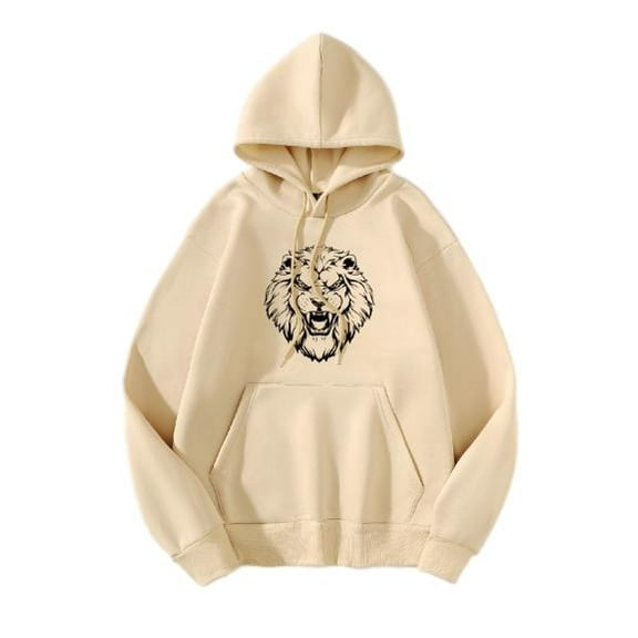 Whichone Roaring Lion Print Mens Casual Pullover Long Sleeve Hoodies, Mens Sweatshirt For Spring Fall Winter