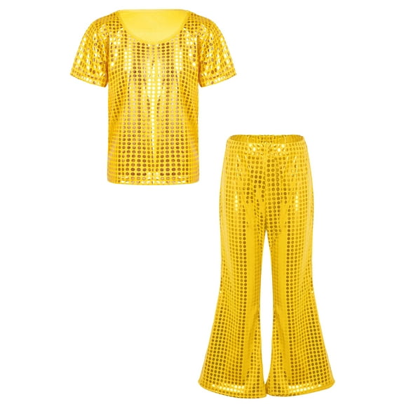 dPois Kids Girls Boys T-shirt Tops with Flared Pants Sequins Jazz Dance Outfits Hip Hop Dance Gold 150