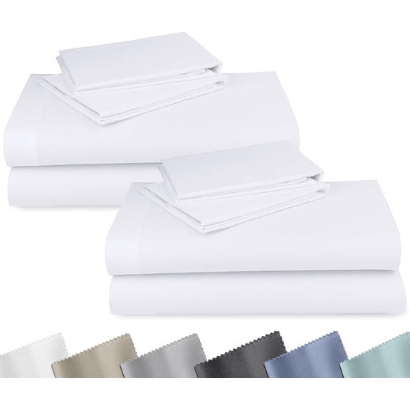 2-Pack 100% Cotton Sateen Queen Sheet Set Bright White 14" Deep Pocket All-Around Elastic