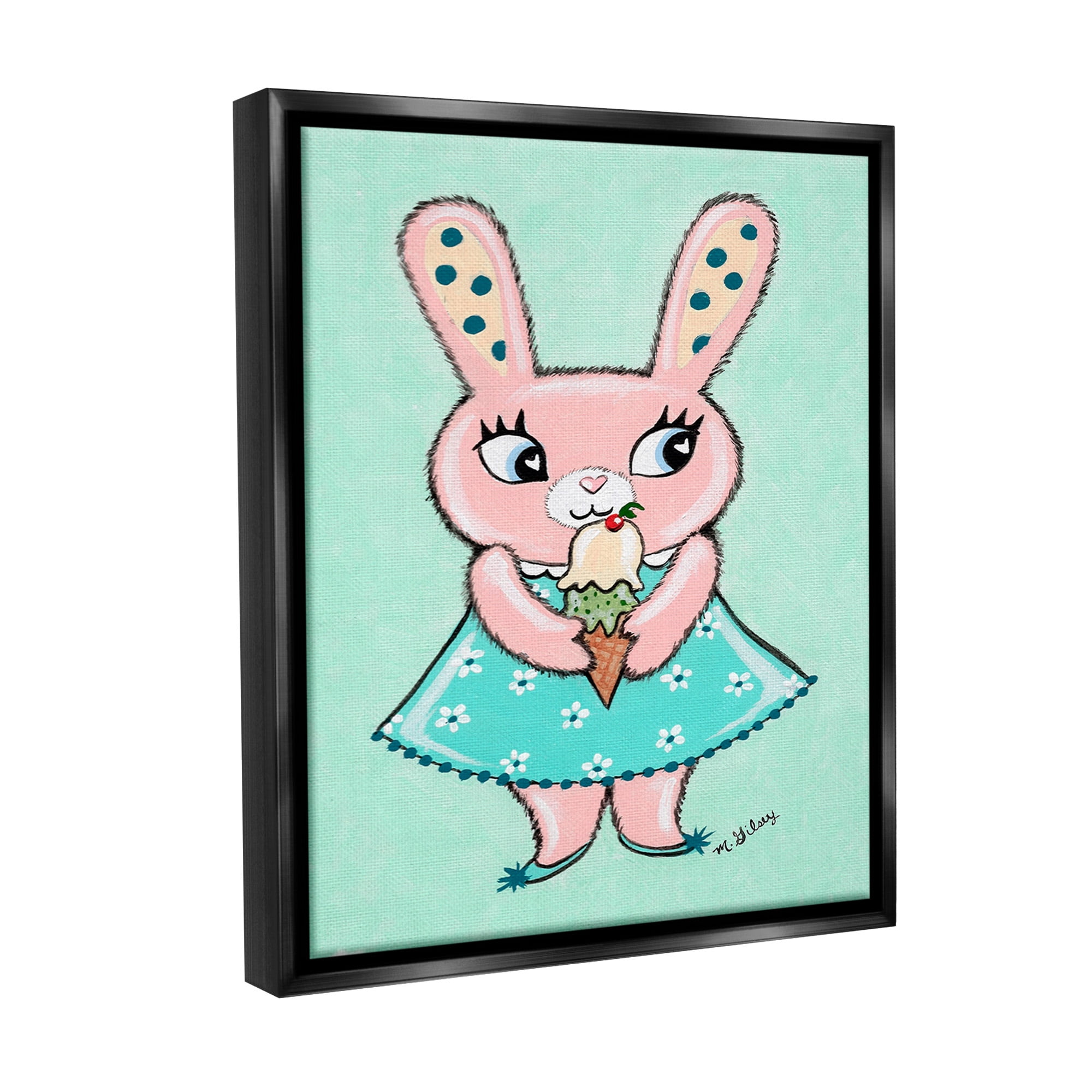 Stupell Industries Pastel Bunny & Ice Cream Animals & Insects Painting Black Floater Framed Canvas Art Print Wall Art, 17 x 21