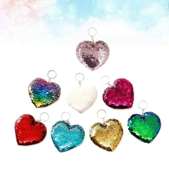 WRITWAA 8Pcs Sequin Heart Keychain Assorted Color Glitter Decoration for Families Everyday Use