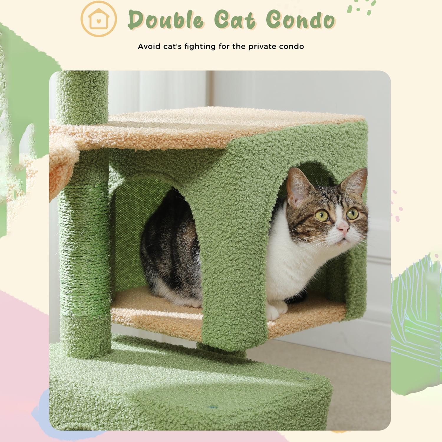 Pefilos 43" Cat Tree for Indoor Cats, Cat Tower Climbing Tree with Cat Scratching Posts, 2 Condos and Hammock, Activity Tree for Kittens, Green