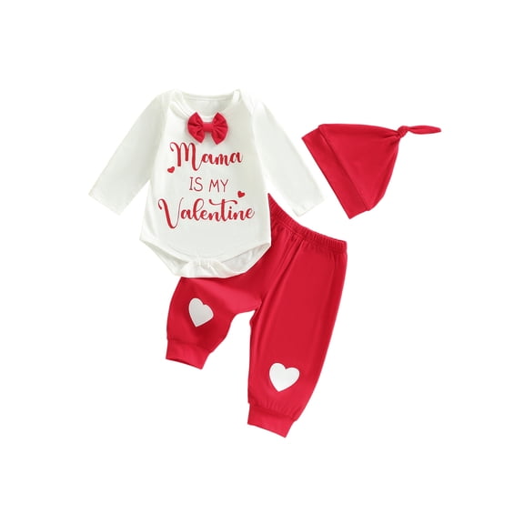BemeyourBBs Newborn Baby Boy's Valentines Day Outfits Mama is My Valentine Letters Heart Printed Long Sleeve Romper with Pants Hat Set 3Pcs Infant Spring Clothes