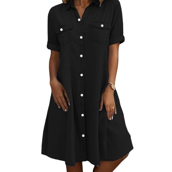 Summer Dress for Women Trendy Button Down Shirt Dress Faux Denim Jean Short Sleeve Casual Dress with Pockets (XL, Black)