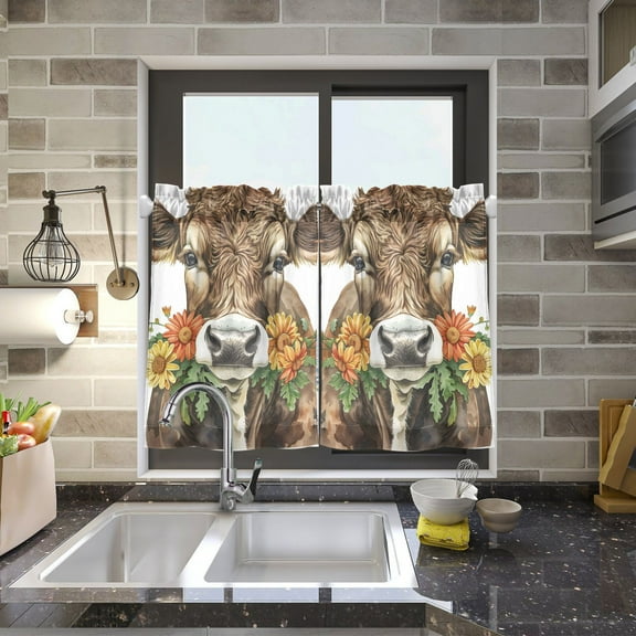 Flowers with Cow Kitchen Curtains Half Tier Curtain 2 Rod Pockets Bathroom Bedroom Cupborad Living Room 27"x24"