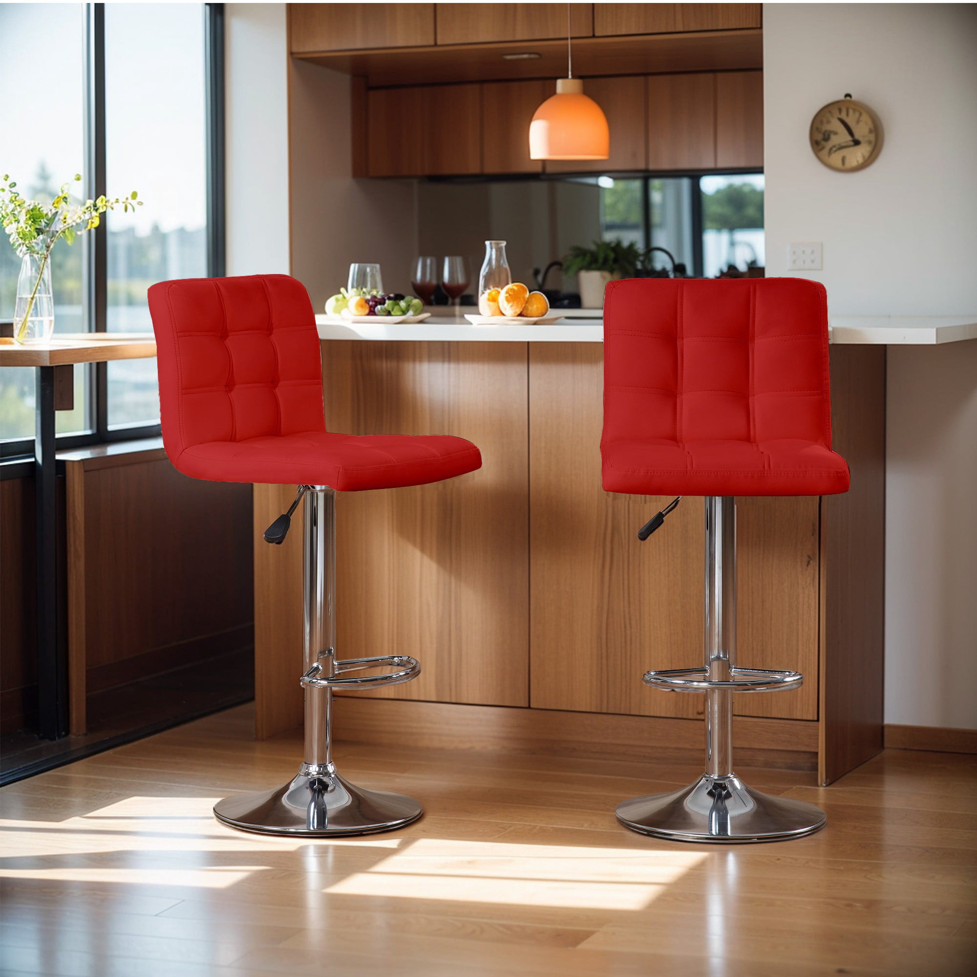 Aukfa Bar Stools Set of 2, Counter Height Adjustable PU Leather Swivel Bar Chairs with Back and Footrest for Kitchen and Dining Room, Red