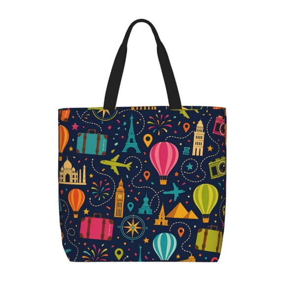 World Travel Adventure Pattern Tote Bag Reusable Shoulder Handbag Top Handle Purse for Shopping Work