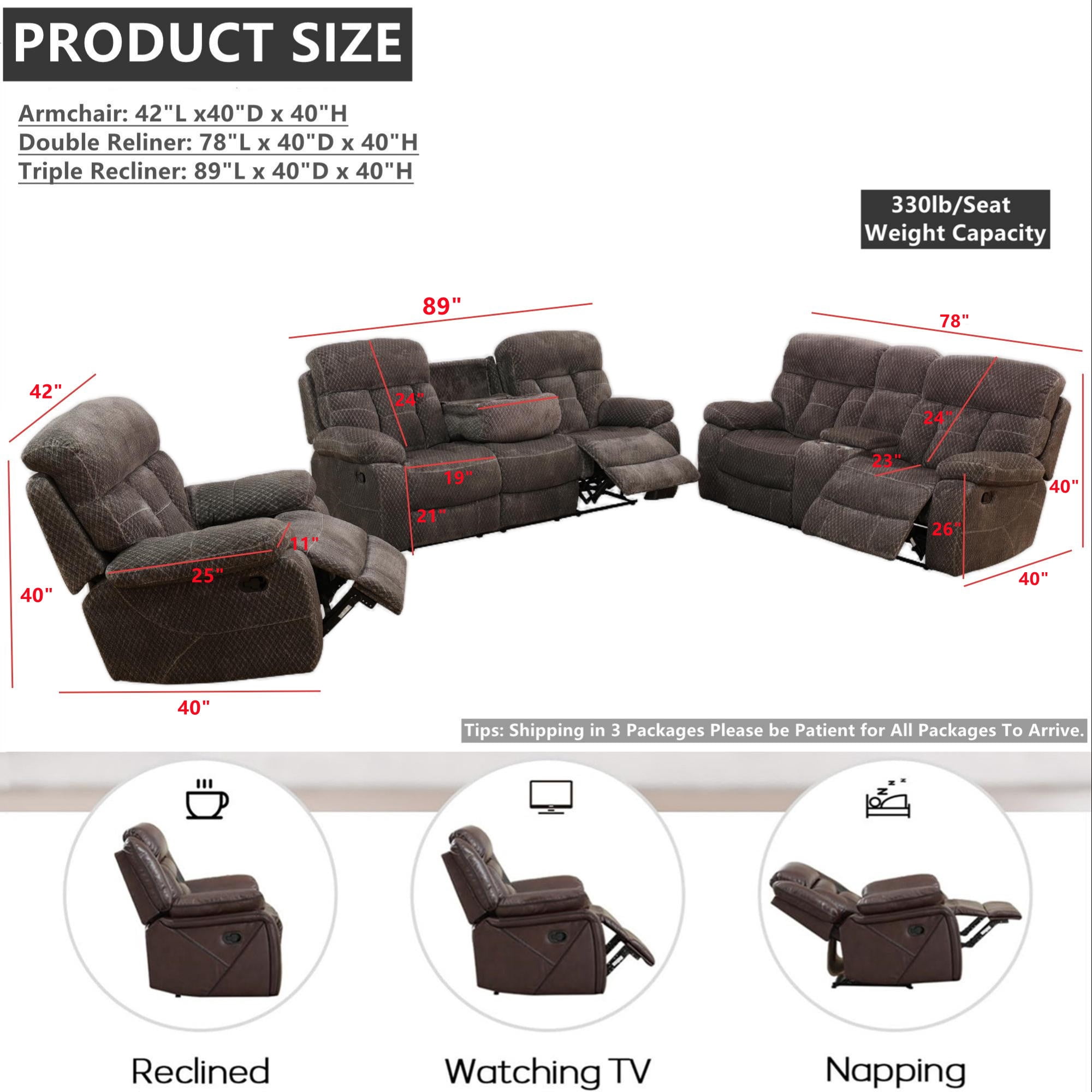 Aukfa 3-Piece Recliner Sofa Set, Oversized Armchair+Loveseat +3 Seat Sofa, 2 Cup Holders&Storage Console, Microfiber, Brown
