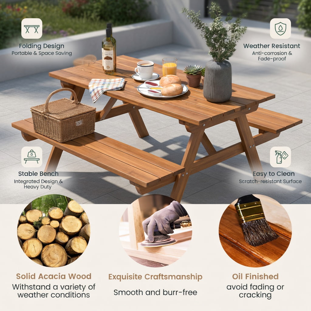 Hommoo Acacia Wood Folding Picnic Table with Rust-Resistant Metal Frame, Compact Outdoor Dining Table for 6, Indoor/Outdoor Use, Natural