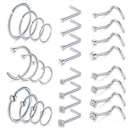 Avaner 28 Pcs Nose Rings and Studs: 18G Nose Piercing Jewelry - L Shape, Hoop & Screw Body Jewelry for Women and Men