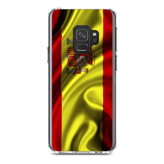 DistinctInk Clear Shockproof Hybrid Case for Samsung Galaxy S9 (5.8" Screen) - TPU Bumper, Acrylic Back, Tempered Glass Screen Protector - Spain Waving Spanish Flag Red Yellow - Spain