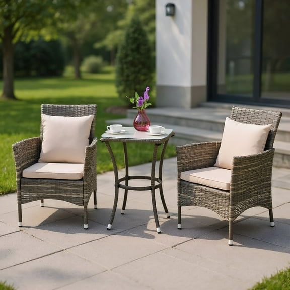 Resenkos 3 Pieces Patio Rattan Chairs and Table Set with Cushions, Gray Rattan Chair Set, Gray Rattan Sofa Set, 2 Chairs   Coffee Table, Polyester Cushions, Sturdy Steel Frame