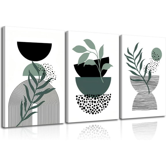 3Pcs Sage Boho Wall Art Minimalist Black and White Geometric Line Painting Picture Wall Decor Abstract Green Botanical Bohemian Poster Print Artwork for Living Room Bedroom Office Home Decoration