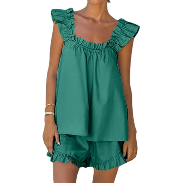 MKLEKYY conjunto de Pijama Corto para Mujer, conjunto de 2 Piezas, Ropa de Dormir Sin Mangas, Top Corto con Volantes y Pantalones Cortos Casuales, Ropa de Estar Por Casa