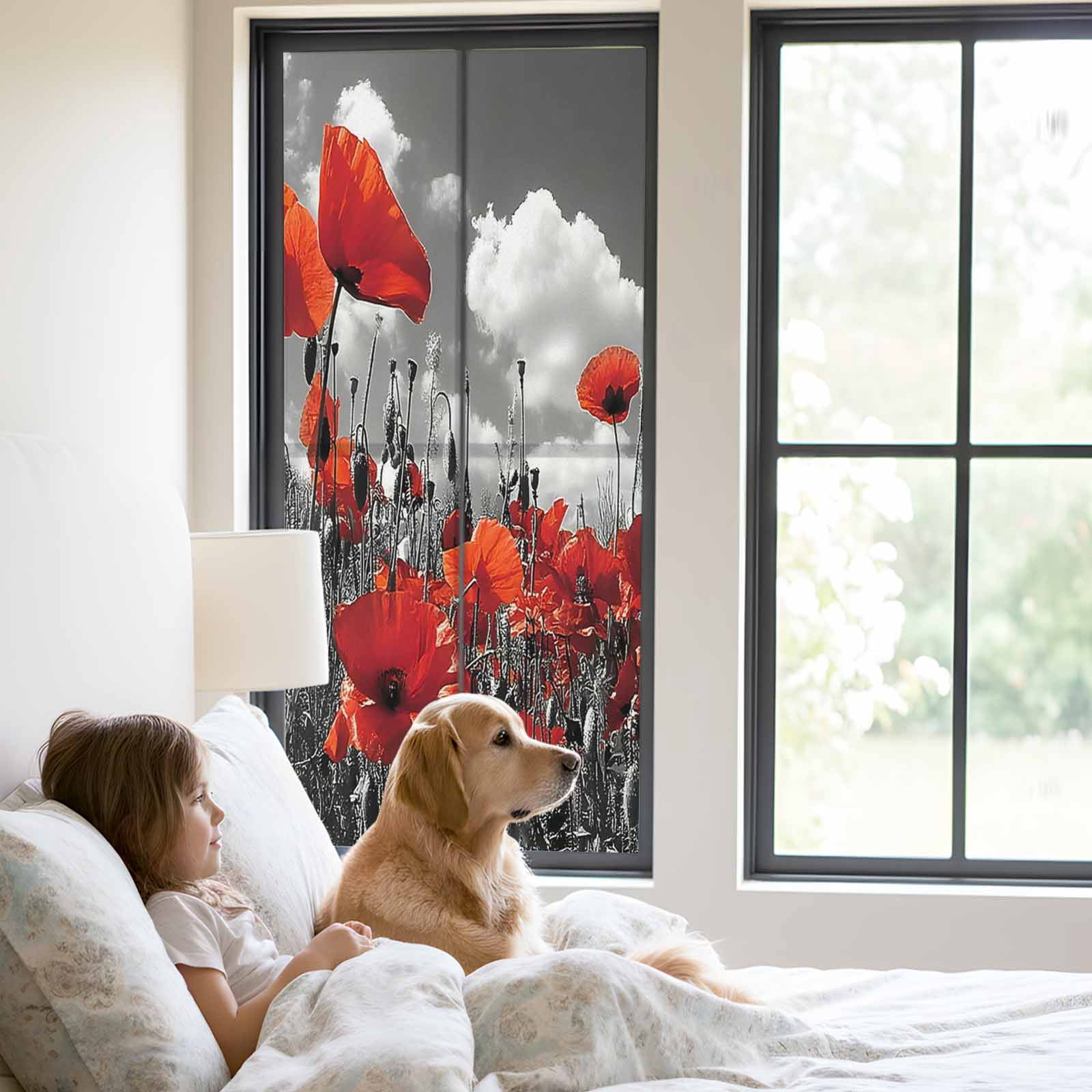 Red Flowers Window Privacy Film, Retro Black White Leaf Red Floral Frosted Glass Window Clings Static Cling UV Heat Blocking Reusable Door Sticker for Bathroom 23.6 x 59 Inch