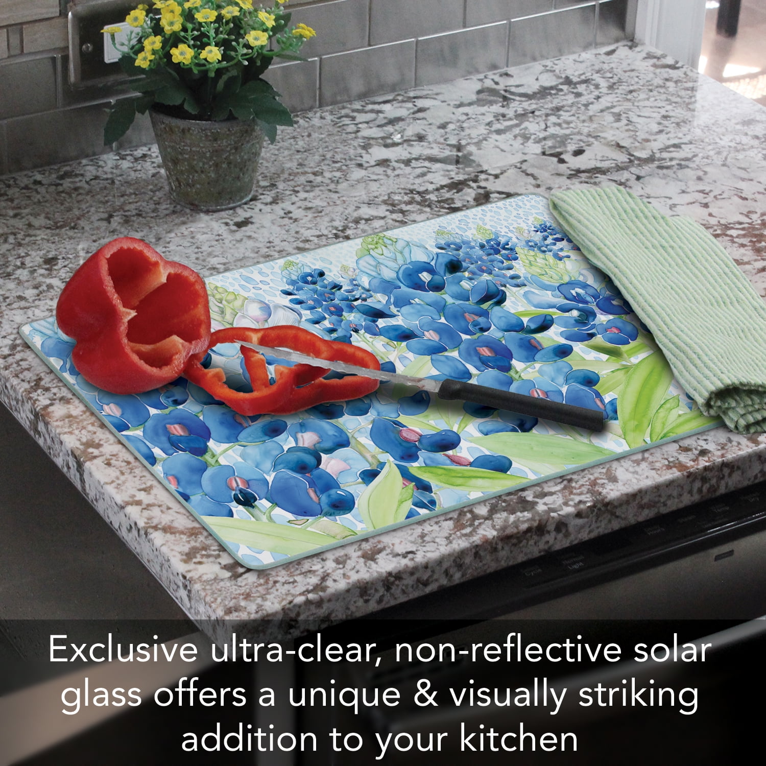 CounterArt Bluebonnets Tempered Glass Cutting Board 15" x 12"