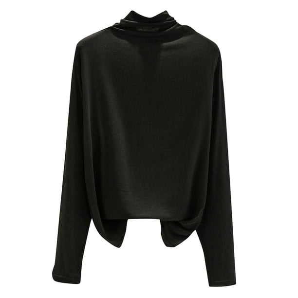 Camisa de manga larga para mujer, cómoda, elástica, con cuello de capucha, color sólido, camisa bási Abanopi Negro/Grande