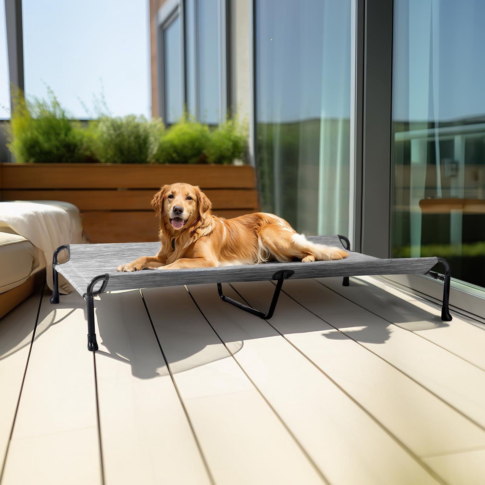 Elevated Dog Bed  Raised Cots For Large Dogs Waterproof Outdoor Pet Hammock With Guardrail Upgraded Non-slip Feet Breathable Teslin Mesh Black 53x 33 Inches