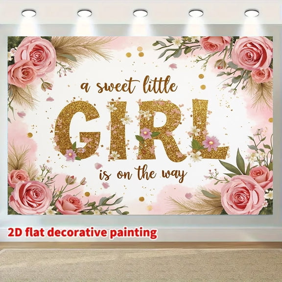 Pink Rose Baby Shower Backdrop A Sweet Little Girl is on the Way Photography Background Pink Floral Golden Glitter Baby Shower Party Decorations Banner Supplies Photo Booth Props