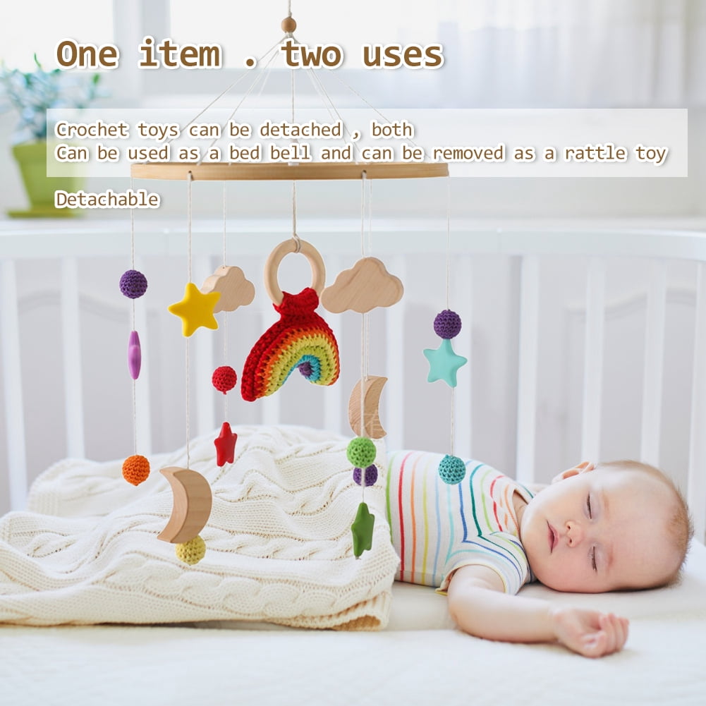 Wooden Baby Crib Bell – Rotating Wind Chime Mobile with Crochet Rainbow & Rocket Pendants, Soothing Hanging Toy for Newborns & Infants