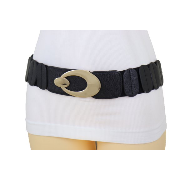 Women Black Elastic Band Belt Gold Metal Oval Buckle S M