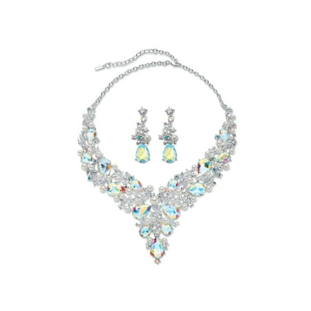 Pear-Cut Aurora Borealis Crystal and Simulated Pearl 2-Piece Earrings and Bib Necklace Set in Silvertone 18