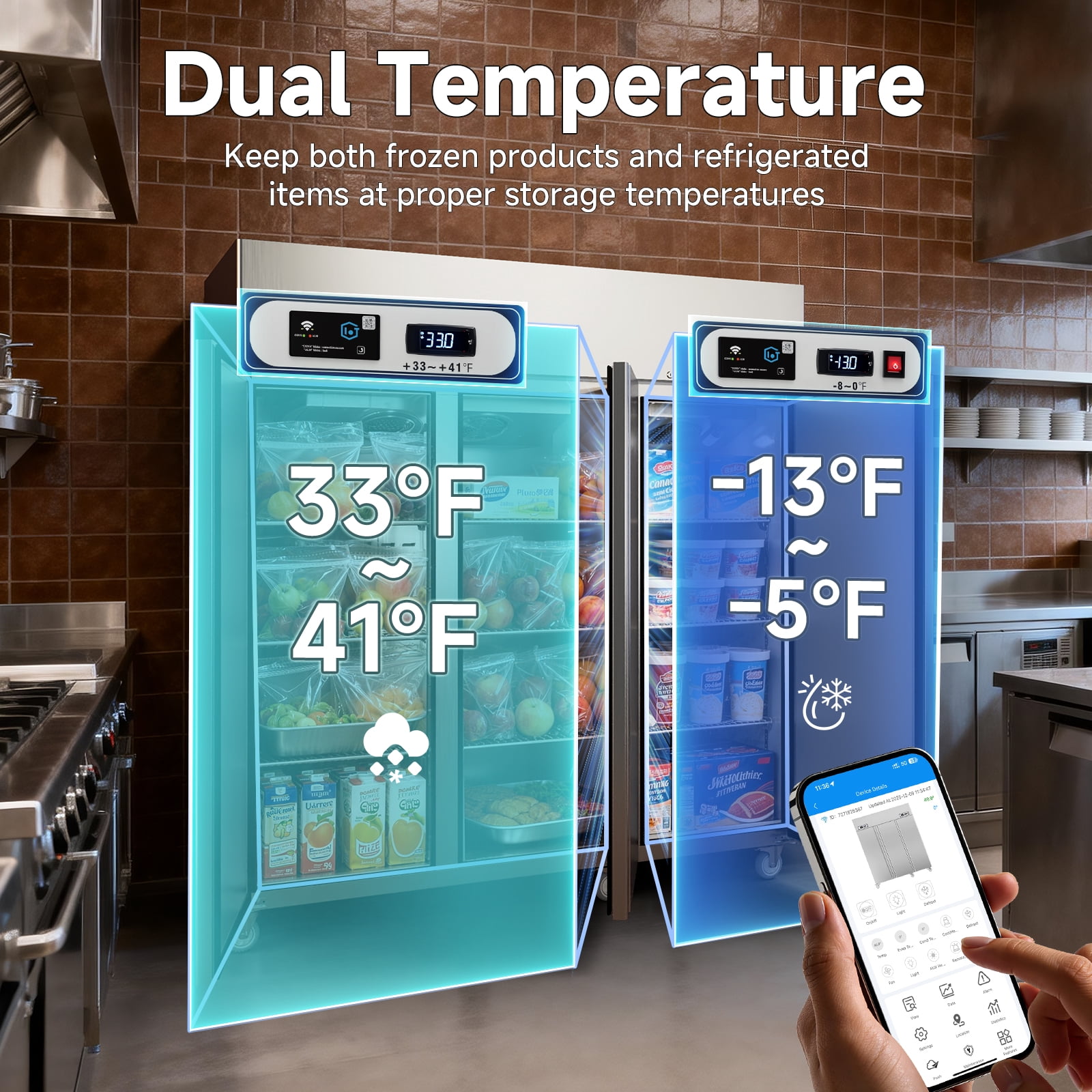 VEECOOL Commercial Refrigerator Freezer Combo WiFi with Smart App Control, 72" 54 Cu.Ft Dual Temperature Upright Freezer, 3 Door 3 Section Stainless Steel Reach in Fridge for Restaurant Church School