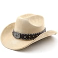thumbnail image 3 of Cowboy Straw Hats For Men - Western Denim Curved Top Hat Woolen Big Brimmed Hat Autumn And Winter Style British Jazz Hat,Beige,One Size, 3 of 3