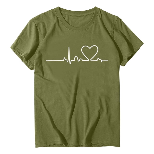Tiweut Hauts Décontractés pour Femmes Imprimé Cœur Manches Courtes Col Rond Mode Été T-Shirts pour Femme Vert Armée